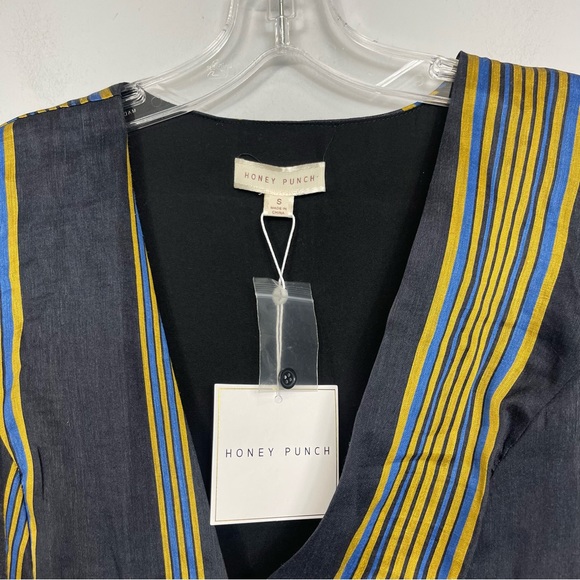 Honey Punch Linen Black Striped Ruffled Mini Wrap Dress Puff Sleeve NWT Boho S - Picture 9 of 16